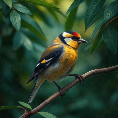 The primary subject of the image is a small bird perched on a tree branch. The bird is yellow and black in color, and it appears to be looking at the camera. The setting is a forest, with the bird sitting on a tree branch surrounded by green leaves. The visual style of the image is a close-up of the bird, capturing its details and colors. The overall atmosphere of the image is calm and serene, as the bird is peacefully perched in its natural habitat.